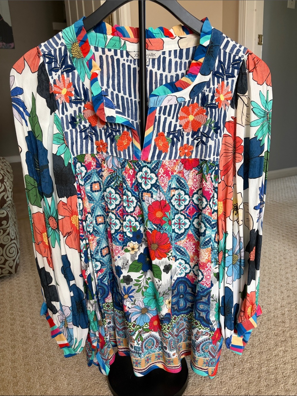 John Mark Multicolor Floral & Geo Patchwork Blouse